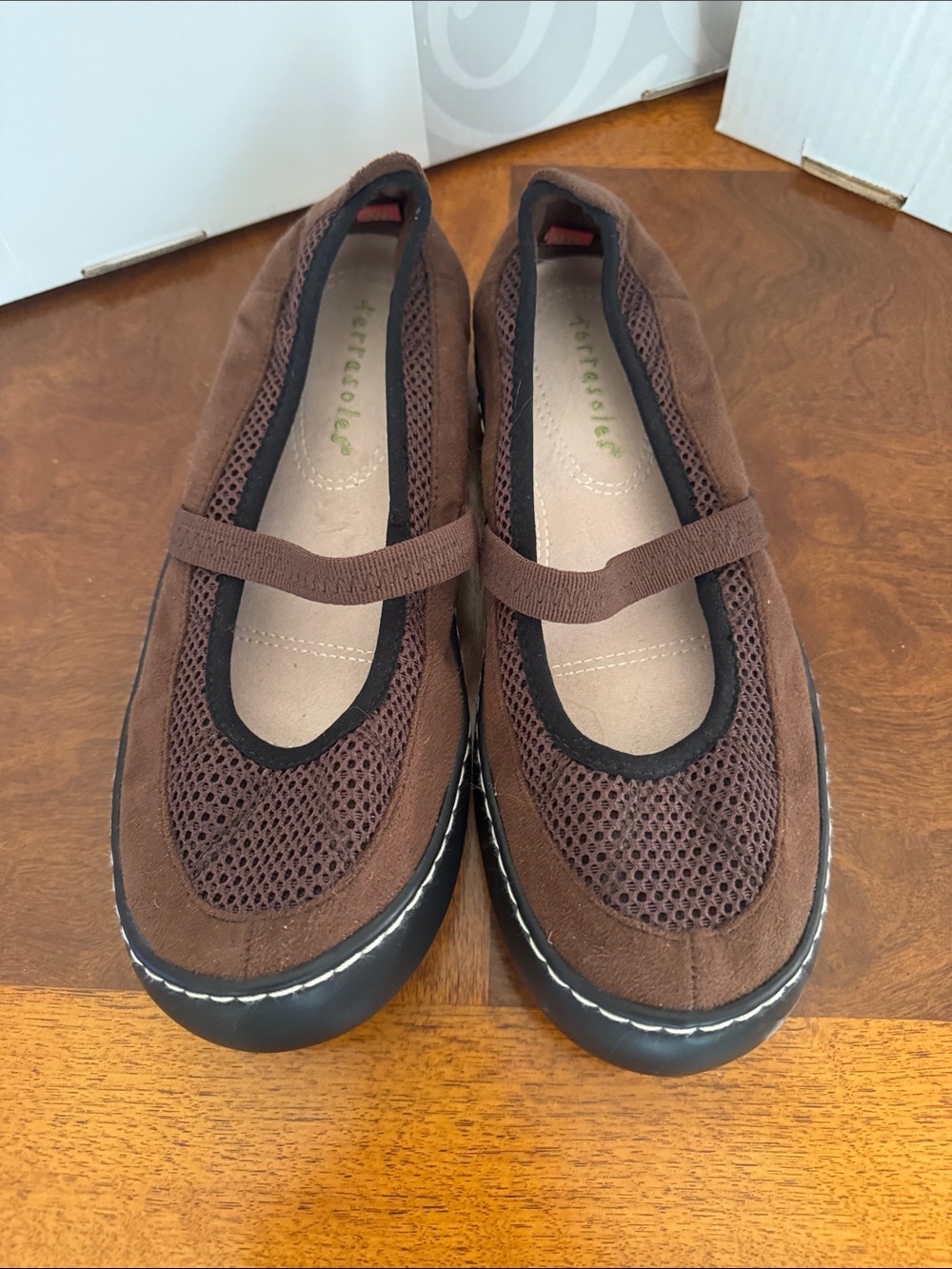 Brown Mary Jane Flats with Mesh Detail
